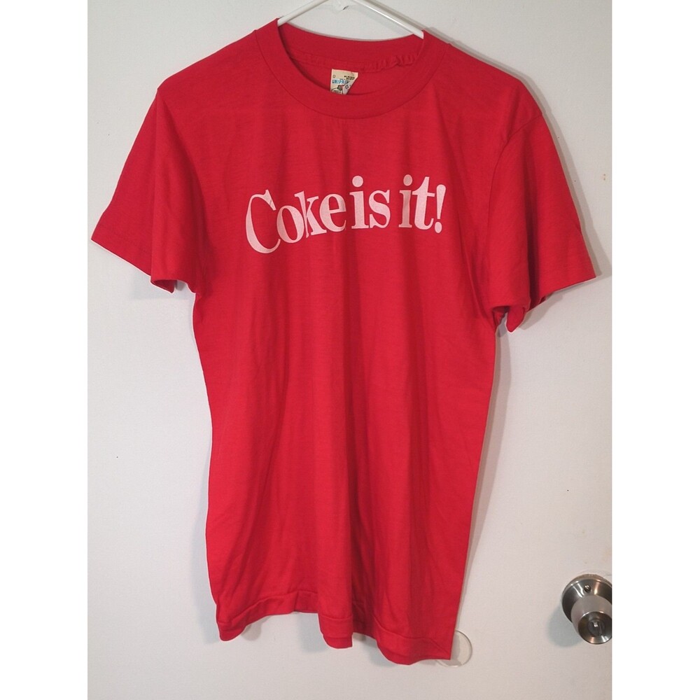 Vtg Coke is it Coca Cola T Shirt Size L Single Stitch Uniprint FOTL USA